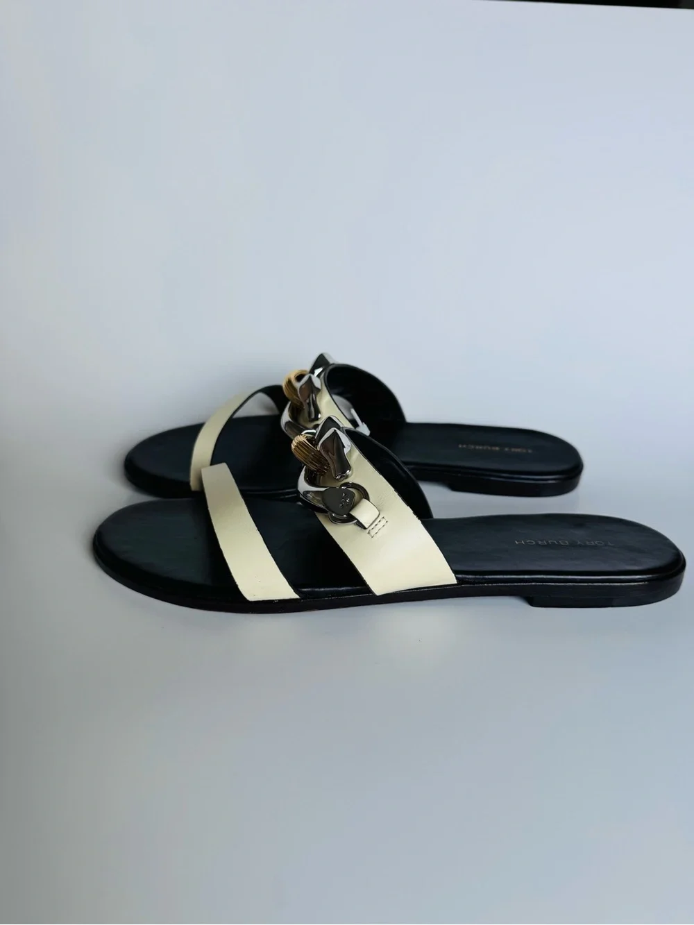 Tory Burch Cream and Metallic Chain Slide Sandals Never used, only stored!